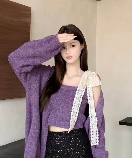 한 부서 이른 가을 착용 가져 가라. 전체 집합 작은 샤넬 스타일 보라색 스웨터 오픈 가디건 레이스 레이스업 캐미솔 투피스 슈트