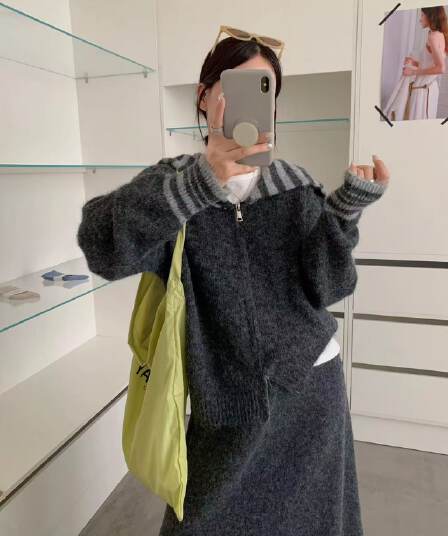 해군 칼라 더블 지퍼 니트 오픈 가디건 여성 가을 겨울 루즈핏 분위기 센스 스웨터 투피스 드레스