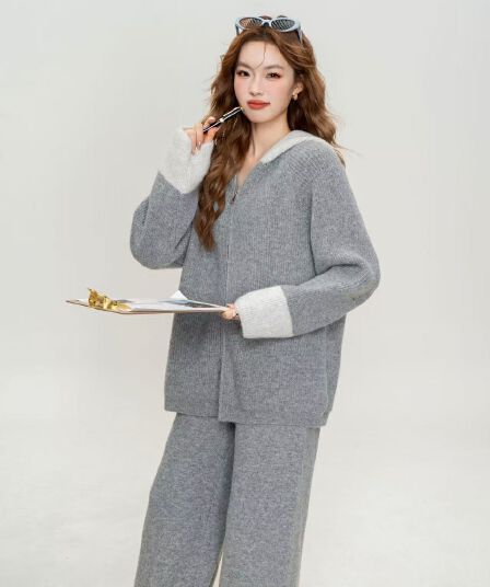 느긋한 바람 캐주얼 전체 집합 여성 의류 가을 겨울 새로운 루즈핏 스웨터 니트 오픈 가디건 와이드 레그 팬츠 두 조각
