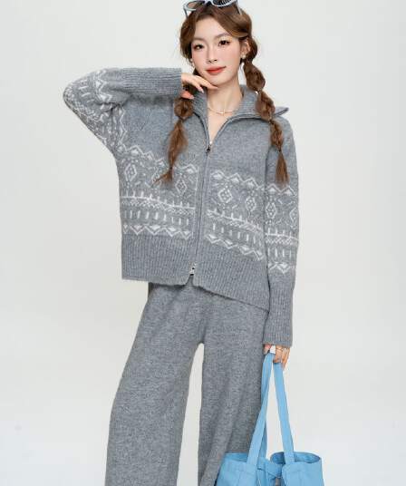 느긋한 바람 가을 겨울 새로운 양모 니트 스웨터 폴로 칼라 루즈핏 지퍼 재킷 캐주얼 와이드 레그 팬츠 두 조각 여성 세트