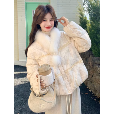 批发新中式环保毛小香风木耳边蕾丝国风石墨烯云绒女短款保暖外套