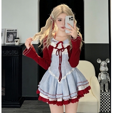 批发2026春季超好看红色开衫吊带<b class='q'>连衣裙</b>两件套独特漂亮收腰蓬蓬短裙