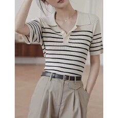 批发正肩显瘦polo领条纹<b class='q'>针织衫</b>女夏季高级感冰丝短袖t恤翻领<b class='q'>薄款</b>上衣