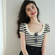 批发法式大u领黑白<b class='q'>条纹</b><b class='q'>针织衫</b>短袖t恤女夏季冰丝打底衫露锁骨薄款上衣