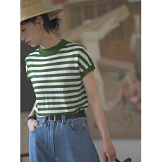 批发法式海魂衫红白<b class='q'>条纹</b>针织短袖T恤女夏季薄款别致撞色设计正肩上衣