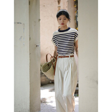 批发蓝白冰丝<b class='q'>条纹</b><b class='q'>针织衫</b>女夏季薄款小个子短袖t恤港风复古法式上衣