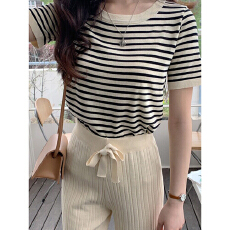 批发短袖t恤女<b class='q'>条纹</b>冰丝<b class='q'>针织衫</b>薄款2026年夏季新款修身显瘦打底衫上衣