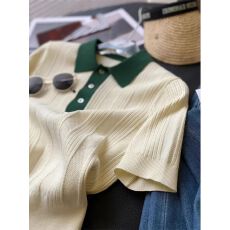 批发通勤风撞色翻领半开扣套头短袖正肩上衣2026夏季气质冰丝针织衫<b class='q'>女</b>