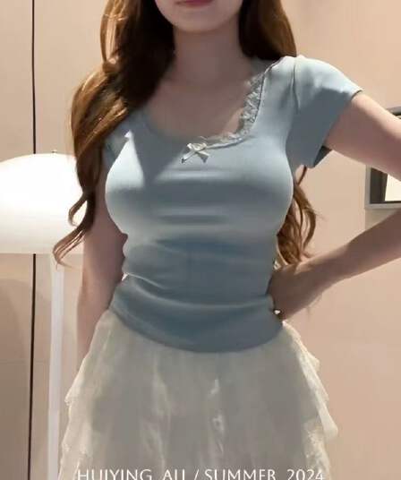 핫걸 순수한 욕망 바람 baby 블루 쇼트 스타일 맨위 여성 여름 새로운 디자인 센스 작은 대중 레이스 측면 반팔 티셔츠