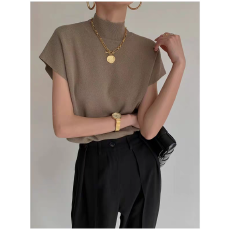 批发法式复古半高领短袖T恤女夏季冰丝<b class='q'>宽松</b>针织<b class='q'>打底衫</b>港味chic上衣ins