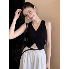 批发法式黑色挂脖针织吊带背心女夏2026新款修身外穿短款v领无袖上衣