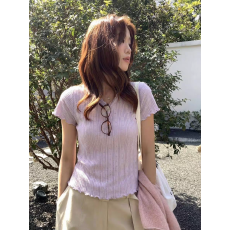 批发法式紫色V领针织短袖<b class='q'>t</b><b class='q'>恤</b>女夏季2026新款独特漂亮木耳边超好看上衣