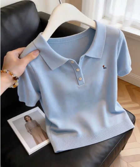 학원 스타일 품격 POLO 칼라 파란색 반팔 티셔츠 여성 의류 2026 여름 새로운 핫걸 다용도 몸매 가꾸기 맨위