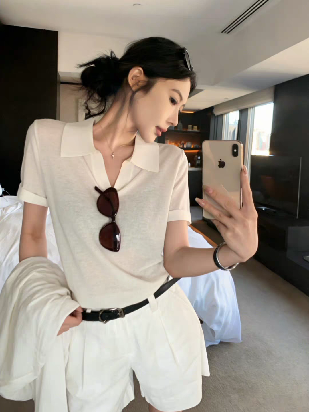 오래된 돈 바람 V넥 반팔 티셔츠 여성 여름 한 부서 착용 가져 가라. 몸매 가꾸기 polo 폴로 칼라 니트 스웨터 캐주얼 긍정적 인 어깨 의류