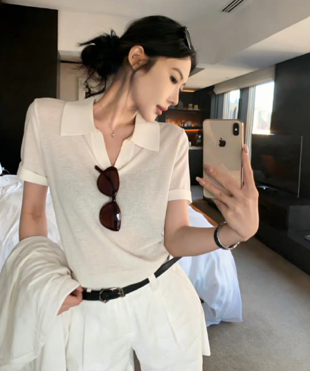 오래된 돈 바람 V넥 반팔 티셔츠 여성 여름 한 부서 착용 가져 가라. 몸매 가꾸기 polo 폴로 칼라 니트 스웨터 캐주얼 긍정적 인 어깨 의류