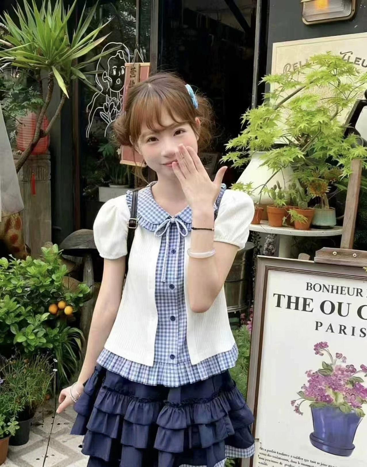 학원 스타일 자이언트 잘 생긴 ~ 중 반팔 드레스 여자 학생 투피스 세트 여름 드레스 해군 패치워크 작은 격자 세트