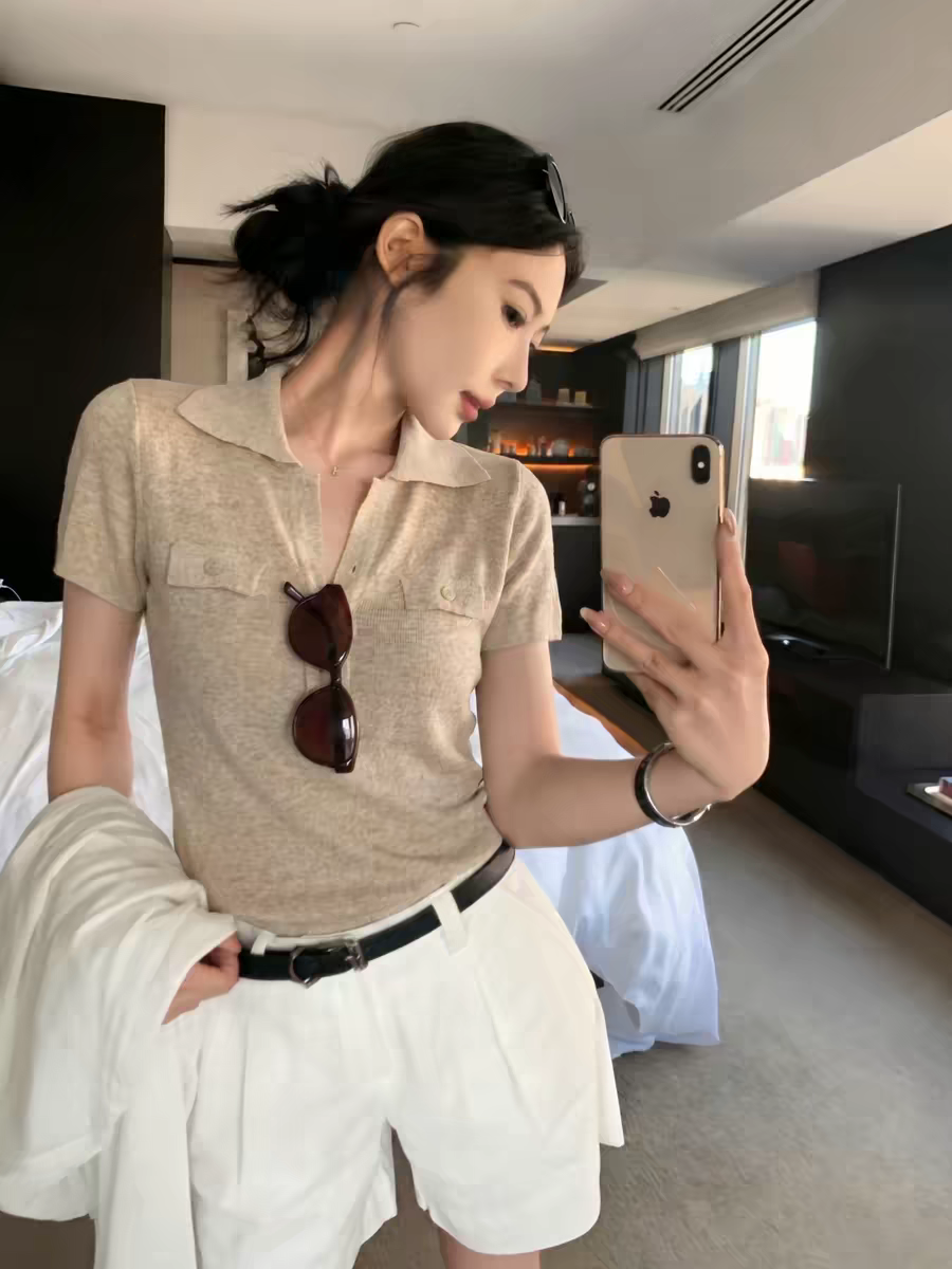 오래된 돈 바람 착용 가져 가라. POLO 칼라 니트 반팔 티셔츠 여성 여름 고급 센스 품격 몸매 가꾸기 긍정적 인 어깨 폴로 칼라 맨위