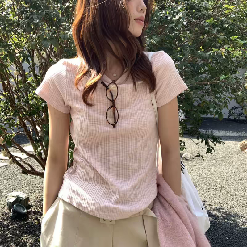 한 부서 핑크색 작은 날다 소매 긍정적 인 어깨 니트 반팔 티셔츠 여성 여름 핫걸 몸매 가꾸기 쇼트 스타일 동정 품격 맨위