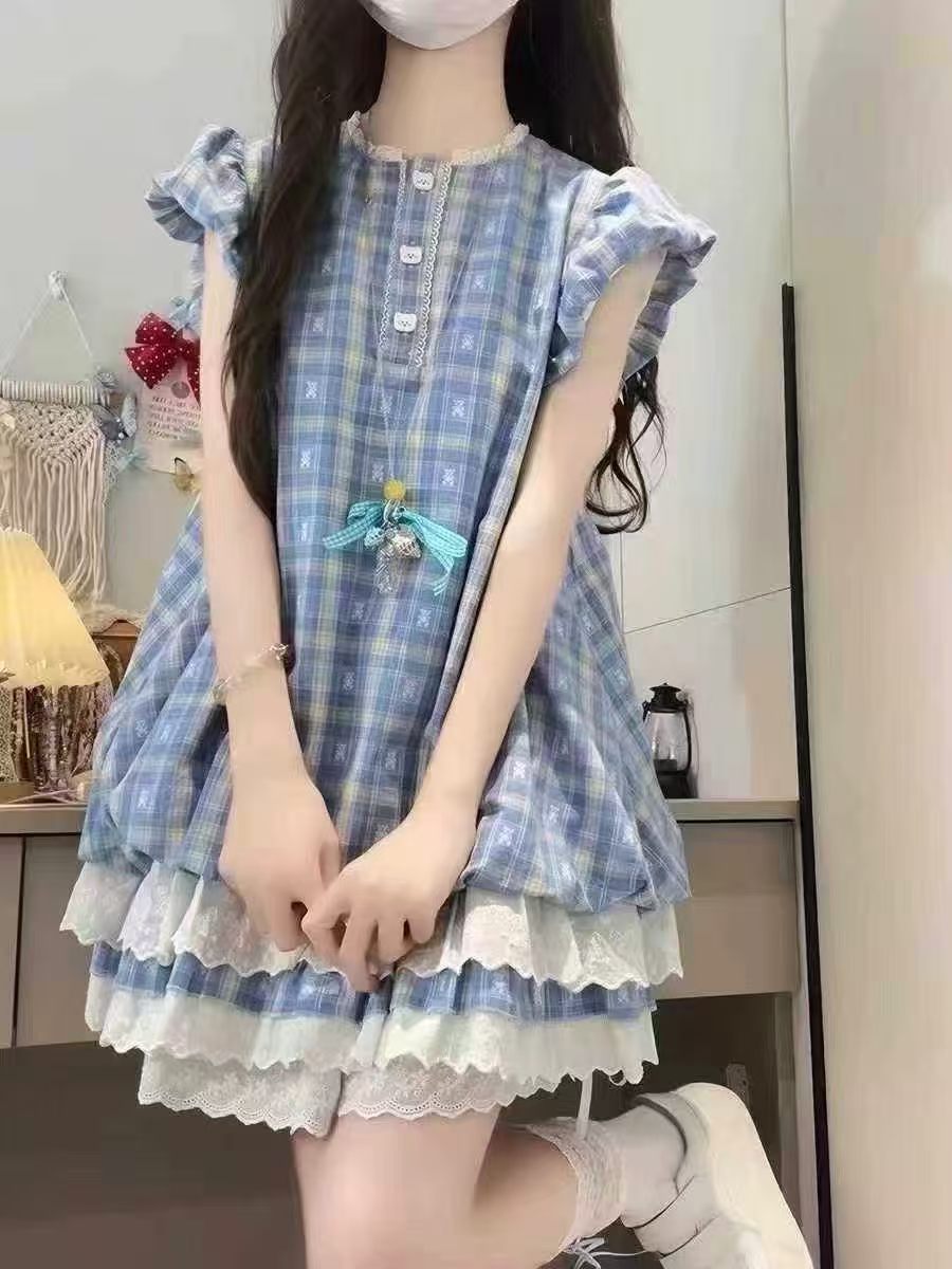 프랑스식 레트로 블루 체크무늬 작은 날다 소매 여성 드레스 여름 작은 키 허리 수축 슬림해 보이는 꽃밭 케이크 짧은 치마