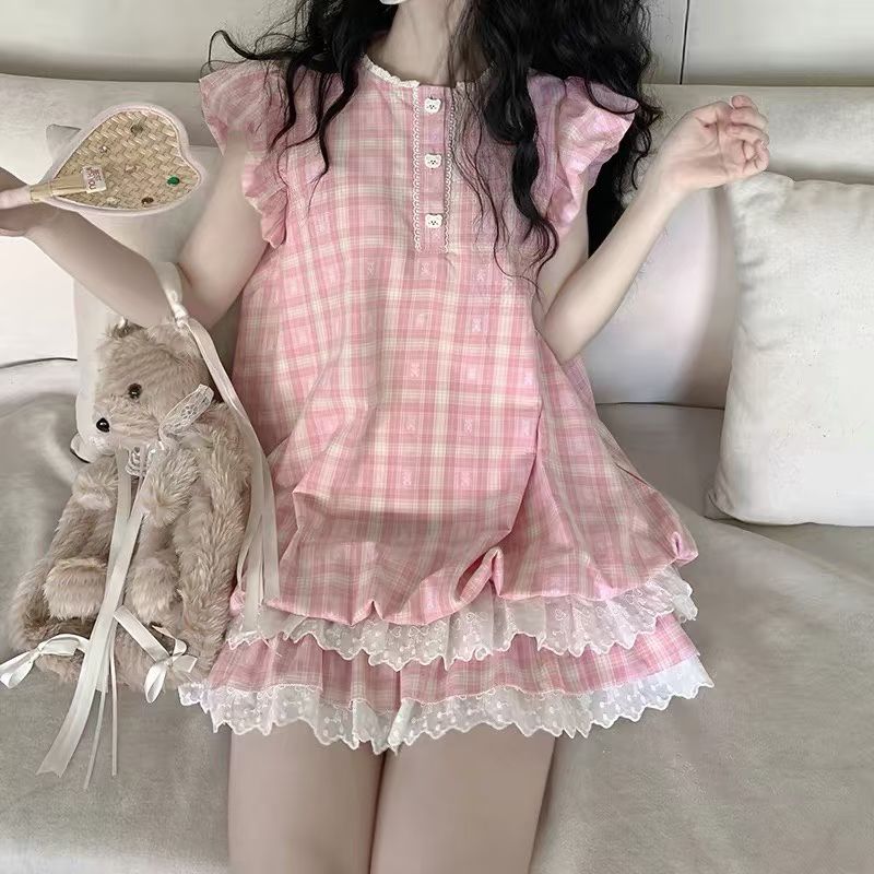 프랑스식 레트로 블루 체크무늬 작은 날다 소매 여성 드레스 여름 작은 키 허리 수축 슬림해 보이는 꽃밭 케이크 짧은 치마