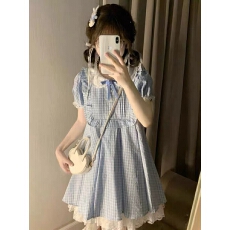 批发<b class='q'>女</b><b class='q'>童</b>夏季短袖<b class='q'>连衣裙</b>中大童夏款娃娃领格纹公主短裙子洛丽塔儿<b class='q'>童装</b>