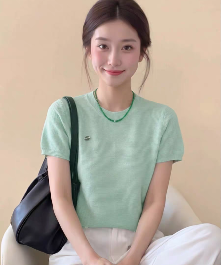 도파민 착용 가져 가라. 박하 남자 웨이브 녹색 니트 긍정적 인 어깨 반팔 티셔츠 여성 여름 한 부서 고유 한 아름다운 작은 맨위