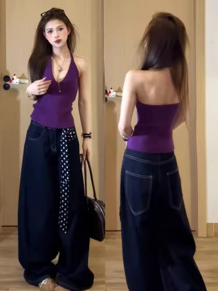 보라색 행침 목 조끼 여성 여름 외출용 2026 새로운 만나는 인사이드 가져 가라. 쇼트 스타일 니트 슬립 아름다움 뒤로 민소매 맨위