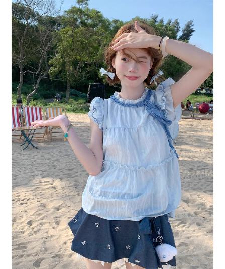 sinsingirl 블루 만 수면 수면 자이언트 잘 생긴 ~ 중 여름 드레스 전체 집합 자수 조개 파란색 세트 투피스 세트