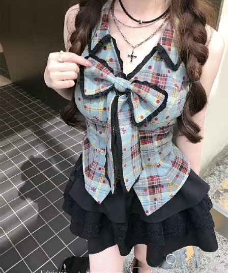녹색 잉크 달콤한 라스베리 아메리칸 레트로 달콤한 차가운 바람 체크무늬 민소매 맨위 여성 여름 나비 매듭 디자인 셔츠 미니 스커트 세트