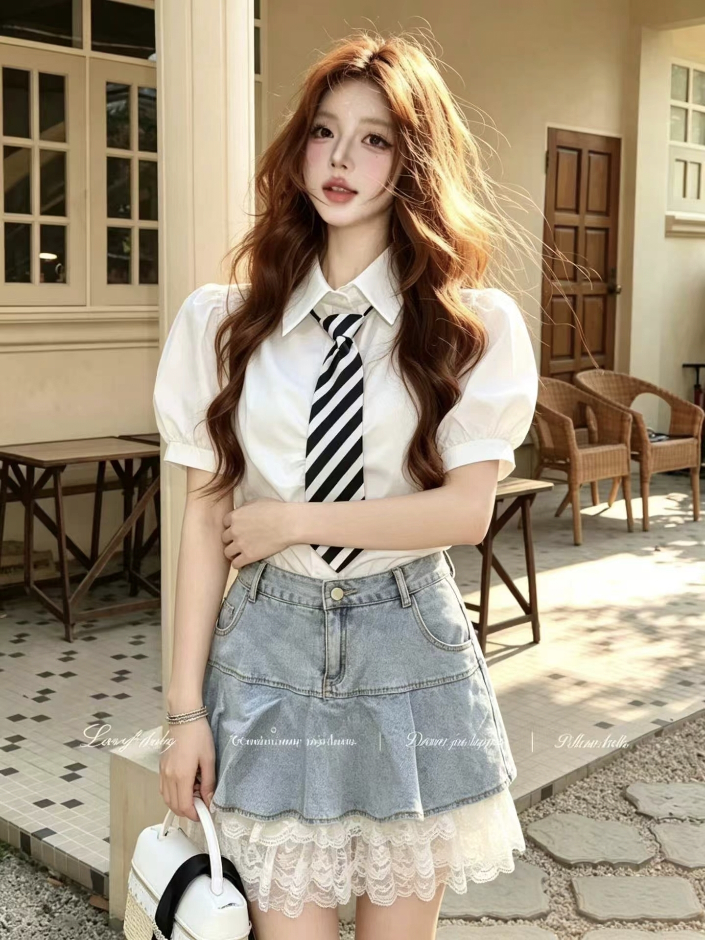 레이스 조각 2026 년 여름 새로운 핫걸 순수한 욕망 바람 데님 스커트 케이크 미니 스커트 셔츠 세트