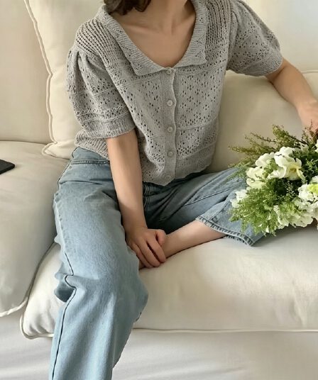 한국 chic 패션 홀로우 아웃 귀여운 작은 레이스 베이비 칼라 반팔 니트 스웨터 여성 프랑스식 품격 우아함 맨위