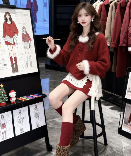 크리스마스 분위기 센스 착용 가져 가라. 디자인 센스 패치워크 플리스 빨간색 스웨터 슬림해 보이는 한 부서 하이웨이스트 미니 스커트 투피스 슈트