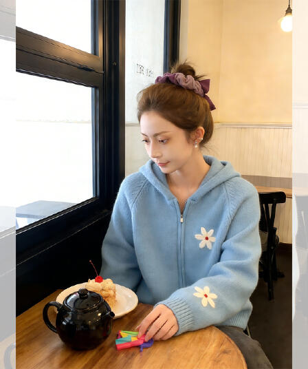 파란색 꽃 자카드 후드 지퍼 니트 카디건 코트 자이언트 잘 생긴 다용도 스웨터 여자 봄 느긋한 맨위
