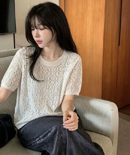 프랑스식 느긋한 자수 홀로우 아웃 얇은 스타일 니트 스웨터 한 부서 라운드 넥 루즈핏 다용도 고급 센스 반팔 맨위