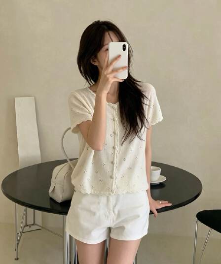 프랑스식 화이트 홀로우 아웃 자수 반팔 니트 오픈 가디건 여성 여름 몸매 가꾸기 품격 맨위