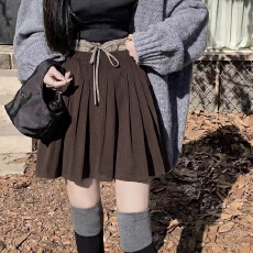 批发实拍美拉德复古咖色灯芯绒半身裙女春<b class='q'>夏</b>中裙撞色双腰头高腰a字裙