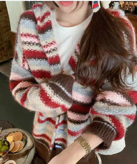한 번 작은 짭짤한 한 부서 빨간색 스트라이프 후드 스웨터 오픈 가디건 여성 가을 겨울철 루즈핏 느긋한 니트 재킷 맨위