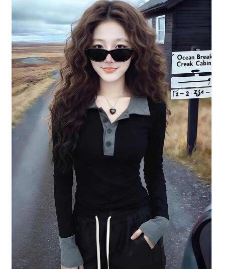 배색 페이크 레이어드 긴팔 티셔츠 여성 의류 2026 새로운 올해 인기 폭발 가을 한 부서 chic 작은 맨위