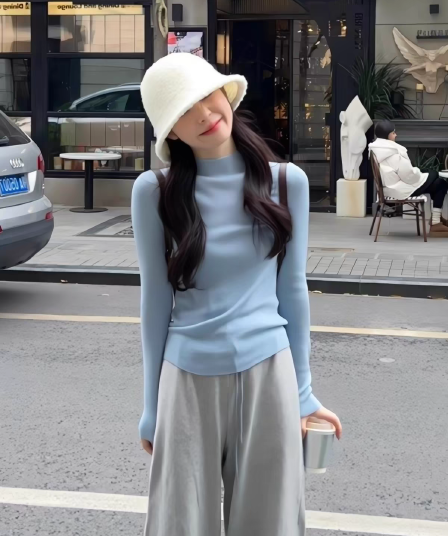 파란색 긴팔 인사이드 가져 가라. 반하이넥 기본 셔츠 여성 가을 겨울 기초 섹션 니트 스웨터 슬림해 보이는 몸매 가꾸기 외국 가스 맨위 트렌디
