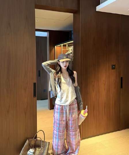 새로운 한 스타일 느긋한 바람 루즈핏 슬립 얇은 스타일 오픈 가디건 허리밴드 체크무늬 와이드 레그 팬츠 3 세트