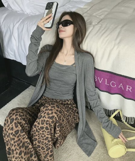 프랑스식 레트로 레오파드 무늬 하이웨이스트 슬림해 보이는 도루 센스 넓은 다리 캐주얼 긴 바지 여성 가을 바지 다용도 품격 3종 세트