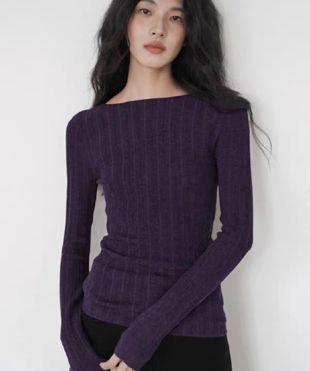 오래된 돈 바람 포도 보라색 니트 티셔츠 기본 셔츠 여성 가을 겨울철 몸매 가꾸기 긴팔 보트넥 스웨터 보라색 맨위