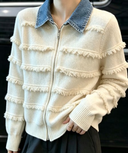폴로 칼라 긴팔 데님 패치워크 더블 지퍼 니트 오픈 가디건 여성 봄 가을 유럽 상품 느긋한 바람 다용도 페이크 레이어드 스웨터