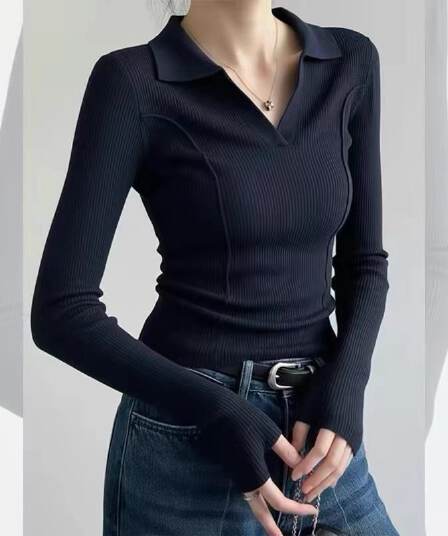 프랑스식 해군 POLO 셔츠 폴로 칼라 니트 기본 셔츠 여성 이른 봄 스웨터 인사이드 가져 가라. 고급 센스 품격 긴팔 맨위