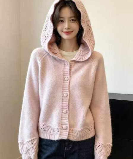 이른 가을 부드러운 바람 홀로우 아웃 조개 레이스 니트 오픈 가디건 여성 후드 쇼트 스타일 부드러운 찹쌀 품격 다용도 스웨터 코트