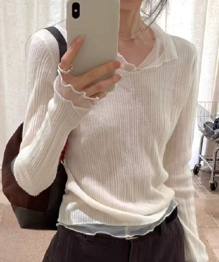 한 부서 화이트 망사 패치워크 V넥 긴팔 니트 스웨터 여성 가을 겨울 몸매 가꾸기 쇼트 스타일 인사이드 가져 가라. 고유 한 아름다운 맨위