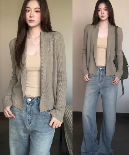 카키 색 외부 가져 가라. 니트 오픈 가디건 여성 이른 가을 새로운 고급 센스 착용 가져 가라. 슬림해 보이는 오래된 돈 바람 숄 스웨터 코트