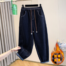 批发实拍大码冬季新款加绒复古时尚<b class='q'>印花</b>拼接抽绳高腰显瘦牛仔直筒裤女