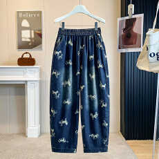 批发夏季新款印花哈伦薄<b class='q'>牛仔裤</b>女水洗<b class='q'>松紧</b>腰宽松显瘦老爹裤九分裤