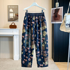 批发夏季新款印花哈伦薄<b class='q'>牛仔裤</b>女水洗<b class='q'>松紧</b>腰宽松显瘦老爹裤九分裤